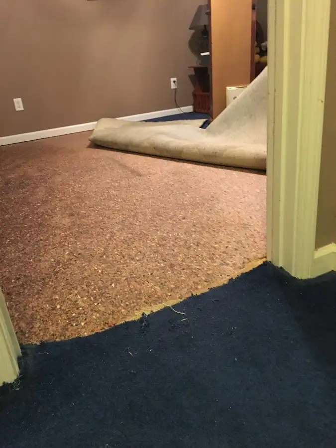 Carpet pad removal revealing water damage during Water Mitigation Services in Crockett